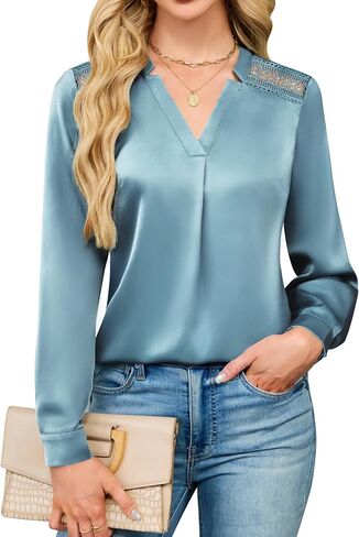 Blooming Jelly Womens Silk Business Dressy Casual Blouse Lace V Neck Long Sleeve Tops Work Shirt Fall Outfit 2025 Trendy in Saudi Arabia