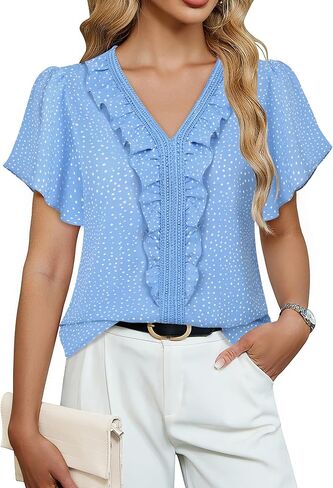 Lotusmile Womens Dressy Ruffle Tops Summer Chiffon V Neck Work Blouse Casual Flutter Short Sleeve Shirts in Kuwait