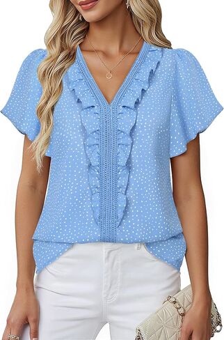 Lotusmile Womens Dressy Ruffle Tops Summer Chiffon V Neck Work Blouse Casual Flutter Short Sleeve Shirts in Kuwait