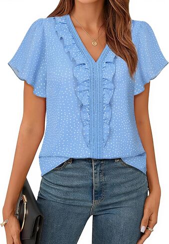 Lotusmile Womens Dressy Ruffle Tops Summer Chiffon V Neck Work Blouse Casual Flutter Short Sleeve Shirts in Kuwait