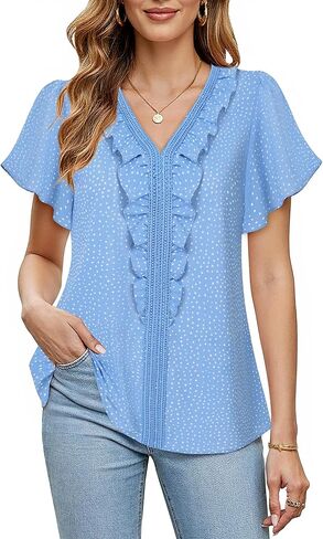 Lotusmile Womens Dressy Ruffle Tops Summer Chiffon V Neck Work Blouse Casual Flutter Short Sleeve Shirts in Kuwait