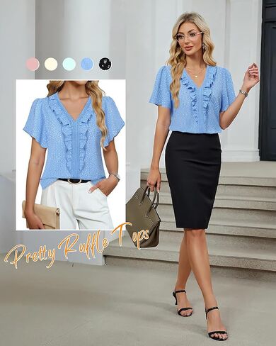 Lotusmile Womens Dressy Ruffle Tops Summer Chiffon V Neck Work Blouse Casual Flutter Short Sleeve Shirts in Kuwait