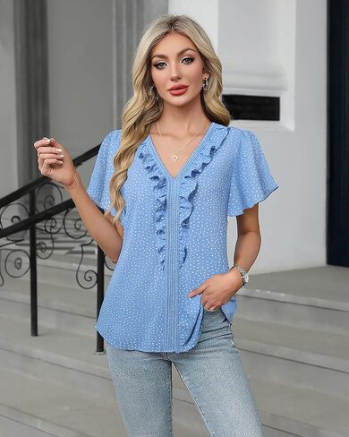 Lotusmile Womens Dressy Ruffle Tops Summer Chiffon V Neck Work Blouse Casual Flutter Short Sleeve Shirts in Kuwait