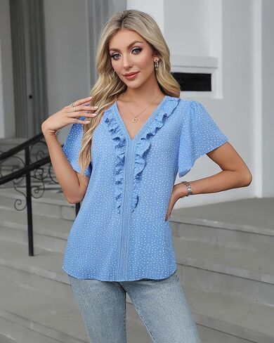 Lotusmile Womens Dressy Ruffle Tops Summer Chiffon V Neck Work Blouse Casual Flutter Short Sleeve Shirts in Kuwait