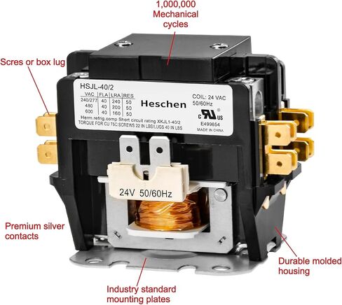 HVAC Motor Contactor, HSJL-40/1, 1 Poles, 40A, 120VAC 50/60Hz Coil, for Air Conditioner, Heat Pump, Refrigeration Systems, UL Listed in Saudi Arabia