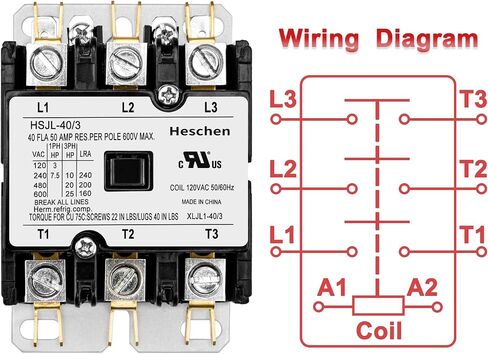 HVAC Motor Contactor, HSJL-40/1, 1 Poles, 40A, 120VAC 50/60Hz Coil, for Air Conditioner, Heat Pump, Refrigeration Systems, UL Listed in Saudi Arabia