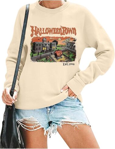 QIANRUO Halloween Town Est 1998 Sweatshirt Women Halloween Horror Spooky Graphic Tees Casual Fall Long Sleeve Pullover Tops in Saudi Arabia