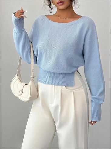 SOLY HUX Women's Off The Shoulder Sweater Long Sleeve Asymmetrical Neck Split Hem Knit Trendy Pullover Tops in Saudi Arabia