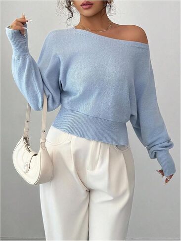 SOLY HUX Women's Off The Shoulder Sweater Long Sleeve Asymmetrical Neck Split Hem Knit Trendy Pullover Tops in Saudi Arabia