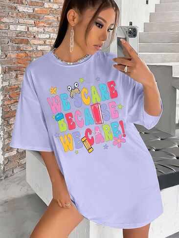 Oversized Monsters Inc Shirt Women Halloween Tshirt We Scare Because We Care Shirts Casual Short Sleeve Tops in Kuwait