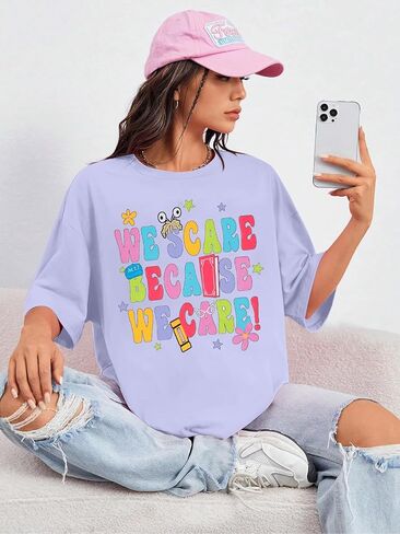Oversized Monsters Inc Shirt Women Halloween Tshirt We Scare Because We Care Shirts Casual Short Sleeve Tops in Kuwait