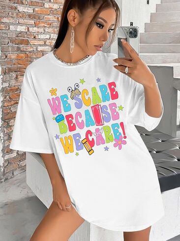 Oversized Monsters Inc Shirt Women Halloween Tshirt We Scare Because We Care Shirts Casual Short Sleeve Tops in Kuwait