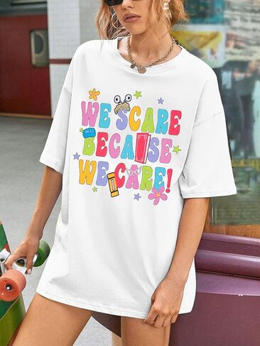 Oversized Monsters Inc Shirt Women Halloween Tshirt We Scare Because We Care Shirts Casual Short Sleeve Tops in Kuwait