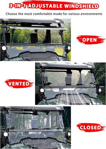 Flip Up Windshield for Honda Pioneer 700-2 / 700-4 2014-2025, 3-IN-1 1/5" Hard Coated PC Adjustable Windscreen for Pioneer 700 2P 4P Accessories, Open/Vented/Closed, Installation Video in Saudi Arabia