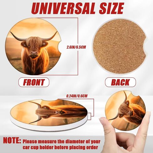 Highland Cow Cup Holder Car Coasters, Absorbent Ceramic Car Coasters for Cup Holders, Car Accessories for Women Men (2 Pack) in Saudi Arabia