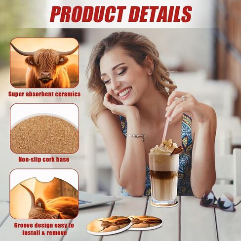 Highland Cow Cup Holder Car Coasters, Absorbent Ceramic Car Coasters for Cup Holders, Car Accessories for Women Men (2 Pack) in Saudi Arabia
