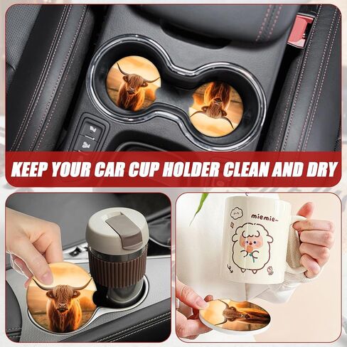 Highland Cow Cup Holder Car Coasters, Absorbent Ceramic Car Coasters for Cup Holders, Car Accessories for Women Men (2 Pack) in Saudi Arabia