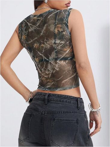 Women's Camo Tank Top Y2k Sheer Mesh Crewneck Sleeveless Crop Tops in Saudi Arabia