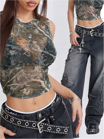 Women's Camo Tank Top Y2k Sheer Mesh Crewneck Sleeveless Crop Tops in Saudi Arabia