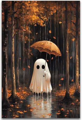 Autumn Ghost Halloween Canvas Wall Art,Umbrella Ghost in Golden Fall Leaves Rain Haunted Forest Rustic Poster,Whimsical Yard Decor Print,Dark Academia Halloween Wall Decor,16"x24" Unframed in Saudi Arabia