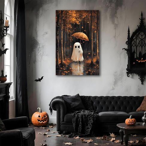 Autumn Ghost Halloween Canvas Wall Art,Umbrella Ghost in Golden Fall Leaves Rain Haunted Forest Rustic Poster,Whimsical Yard Decor Print,Dark Academia Halloween Wall Decor,16"x24" Unframed in Saudi Arabia