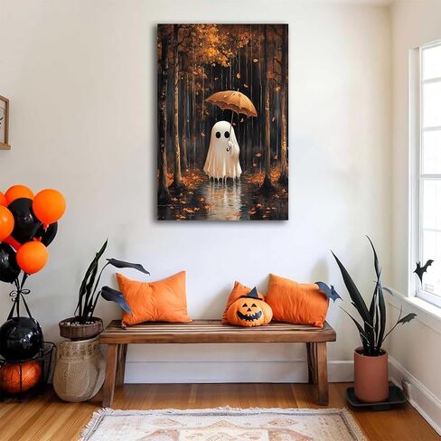 Autumn Ghost Halloween Canvas Wall Art,Umbrella Ghost in Golden Fall Leaves Rain Haunted Forest Rustic Poster,Whimsical Yard Decor Print,Dark Academia Halloween Wall Decor,16"x24" Unframed in Saudi Arabia