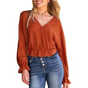 CUPSHE Womens V Neck Swiss Dot Tops Long Sleeve Wrap Ruffle Fashion Fall Blouse in Saudi Arabia