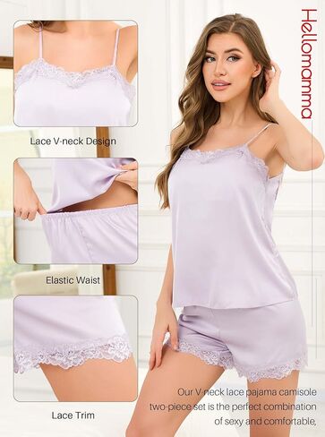 Hellomamma Womens Silk Pajamas Set: Satin Lace Trim Short Sleeve Pj Sets Button Down Pjs 2 Piece Sleepwear Loungewear in Saudi Arabia