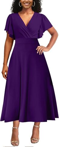 Elegant Dress for Women Casual Ruffle Short Sleeve V Neck Church Cocktail Party Work Wrap A Line Midi Dresses with Pocket in Saudi Arabia