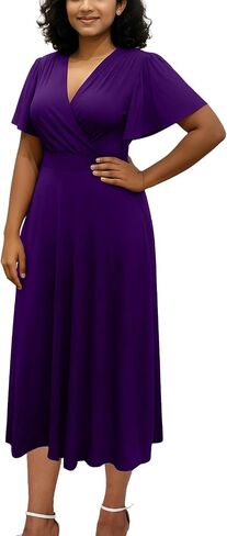 Elegant Dress for Women Casual Ruffle Short Sleeve V Neck Church Cocktail Party Work Wrap A Line Midi Dresses with Pocket in Saudi Arabia