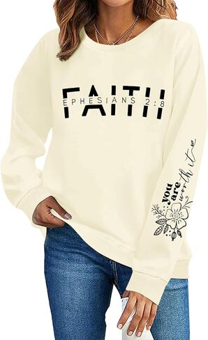 سويت شيرت مسيحي للنساء، سويت شيرت الإيمان يسوع، بلوفر برسومات الله، قمصان برقبة دائرية، آية الكتاب المقدس الدينية in Kuwait