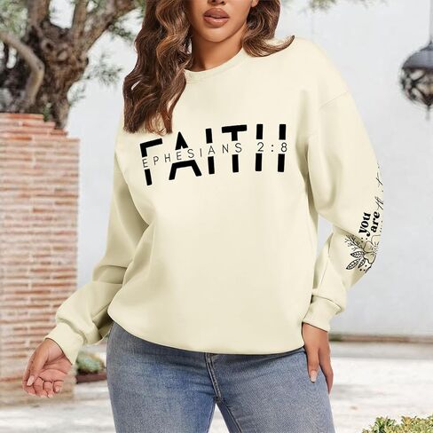 سويت شيرت مسيحي للنساء، سويت شيرت الإيمان يسوع، بلوفر برسومات الله، قمصان برقبة دائرية، آية الكتاب المقدس الدينية in Kuwait