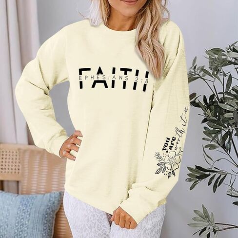 سويت شيرت مسيحي للنساء، سويت شيرت الإيمان يسوع، بلوفر برسومات الله، قمصان برقبة دائرية، آية الكتاب المقدس الدينية in Kuwait