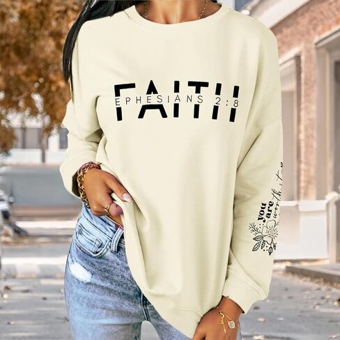 سويت شيرت مسيحي للنساء، سويت شيرت الإيمان يسوع، بلوفر برسومات الله، قمصان برقبة دائرية، آية الكتاب المقدس الدينية in Kuwait