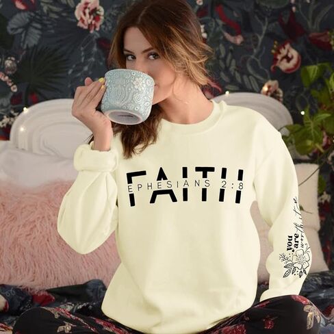 سويت شيرت مسيحي للنساء، سويت شيرت الإيمان يسوع، بلوفر برسومات الله، قمصان برقبة دائرية، آية الكتاب المقدس الدينية in Kuwait