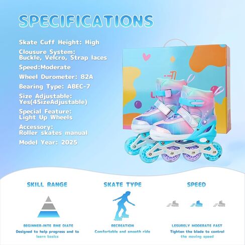 Kids Adjustable Inline Skates for Girls Size M Ages 5-12 Blades Skate with Outdoor All Light Up Wheels for Beginner Women in Saudi Arabia