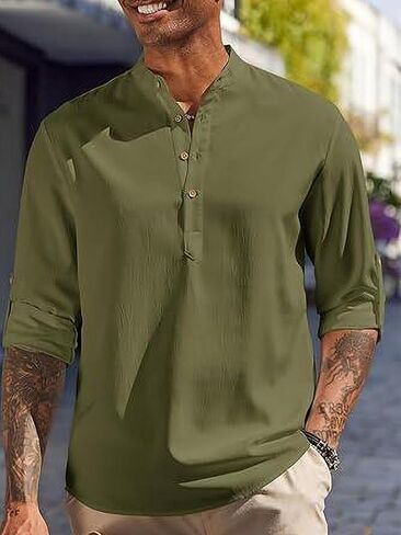 Men's Casual Henley Shirts Long Sleeve Band Collar Lightweight Beach Shirts Summer T-Shirts in Saudi Arabia
