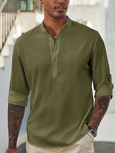Men's Casual Henley Shirts Long Sleeve Band Collar Lightweight Beach Shirts Summer T-Shirts in Saudi Arabia