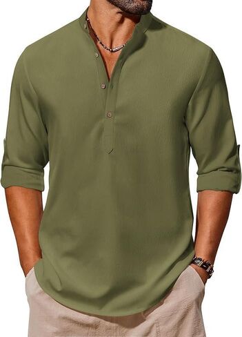 Men's Casual Henley Shirts Long Sleeve Band Collar Lightweight Beach Shirts Summer T-Shirts in Saudi Arabia