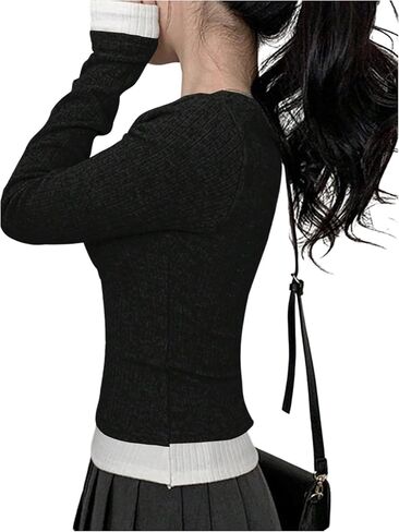 SweatyRocks Women's Bow Lace Tops Long Sleeve Colorblock Pullover Tee Shirts Fall Trendy Going Out Top in Saudi Arabia