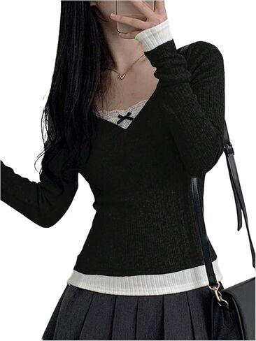 SweatyRocks Women's Bow Lace Tops Long Sleeve Colorblock Pullover Tee Shirts Fall Trendy Going Out Top in Saudi Arabia
