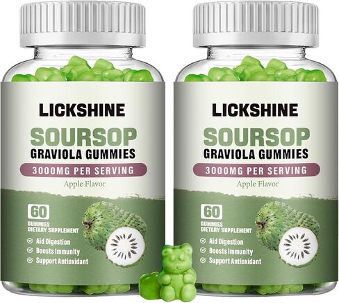 عبوتان من علكات Soursop Graviola - 3000 مجم مكمل لأوراق Soursop بقوة إضافية مع فيتامين C والزنك - مساعد الهضم ودعم المناعة ومضادات الأكسدة - خالية من السكر، غير معدلة وراثيًا، نباتي، 120 قطعة in Saudi Arabia