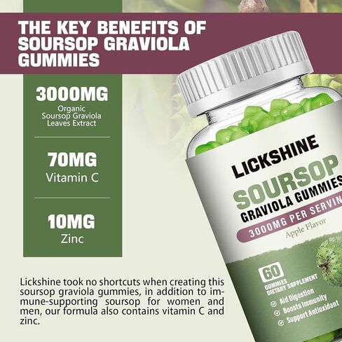 عبوتان من علكات Soursop Graviola - 3000 مجم مكمل لأوراق Soursop بقوة إضافية مع فيتامين C والزنك - مساعد الهضم ودعم المناعة ومضادات الأكسدة - خالية من السكر، غير معدلة وراثيًا، نباتي، 120 قطعة in Saudi Arabia