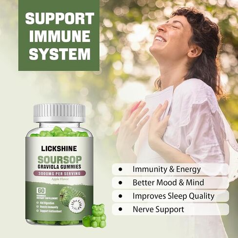 عبوتان من علكات Soursop Graviola - 3000 مجم مكمل لأوراق Soursop بقوة إضافية مع فيتامين C والزنك - مساعد الهضم ودعم المناعة ومضادات الأكسدة - خالية من السكر، غير معدلة وراثيًا، نباتي، 120 قطعة in Saudi Arabia