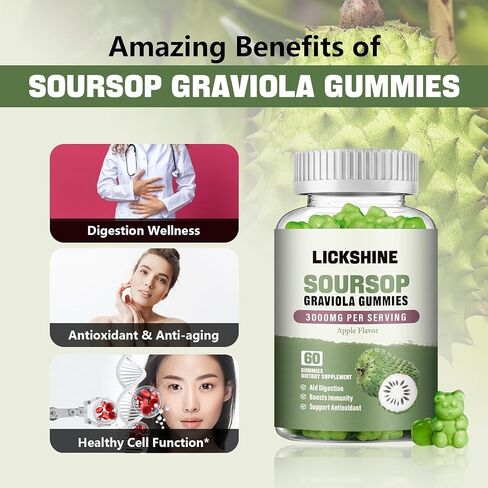 عبوتان من علكات Soursop Graviola - 3000 مجم مكمل لأوراق Soursop بقوة إضافية مع فيتامين C والزنك - مساعد الهضم ودعم المناعة ومضادات الأكسدة - خالية من السكر، غير معدلة وراثيًا، نباتي، 120 قطعة in Saudi Arabia
