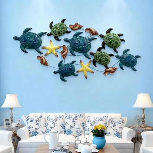 Coastal Metal Sea Turtle Wall Decor - Large Beach Wall Art with Shells & Starfish, Handmade Nautical Marine Decor for Indoor/Outdoor Use, Perfect for Living Room, Patio, or Pool Area in Saudi Arabia