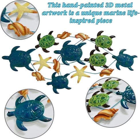Coastal Metal Sea Turtle Wall Decor - Large Beach Wall Art with Shells & Starfish, Handmade Nautical Marine Decor for Indoor/Outdoor Use, Perfect for Living Room, Patio, or Pool Area in Saudi Arabia