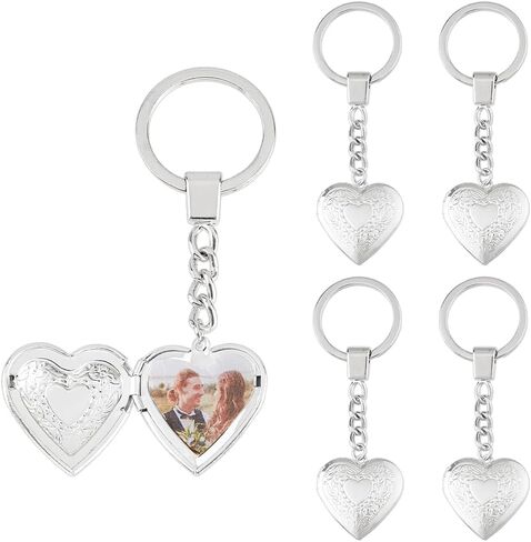SUPERFINDINGS 5Pcs Heart Locket Pendant Keychain Vintage Carved Flower Pattern Heart Key Rings Brass Photo Locket Keychain in Saudi Arabia