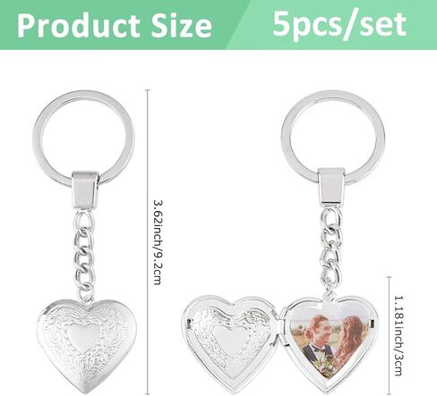 SUPERFINDINGS 5Pcs Heart Locket Pendant Keychain Vintage Carved Flower Pattern Heart Key Rings Brass Photo Locket Keychain in Saudi Arabia