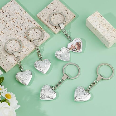 SUPERFINDINGS 5Pcs Heart Locket Pendant Keychain Vintage Carved Flower Pattern Heart Key Rings Brass Photo Locket Keychain in Saudi Arabia